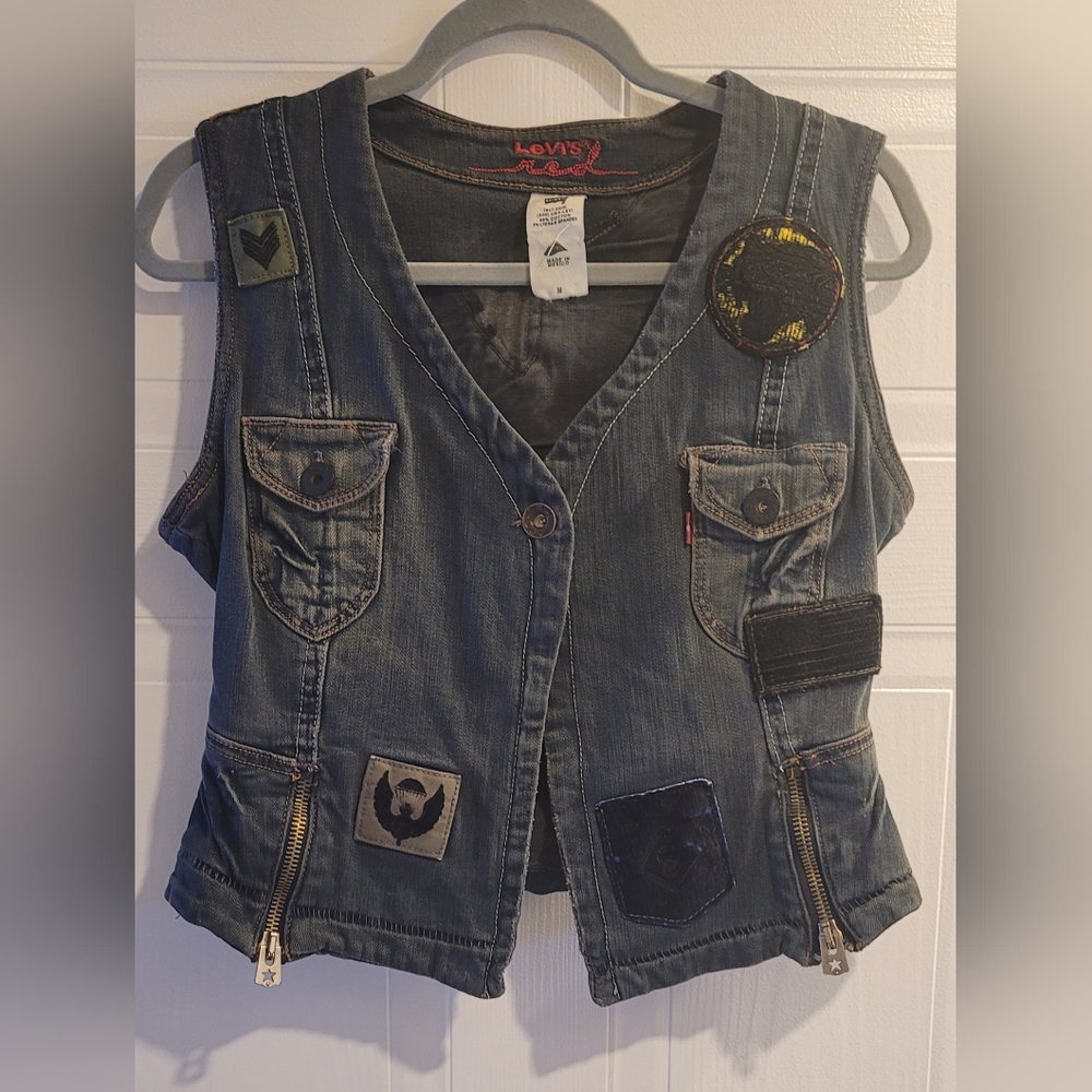 Vintage Levi's Red Dark Blue Denim Moto Vest M